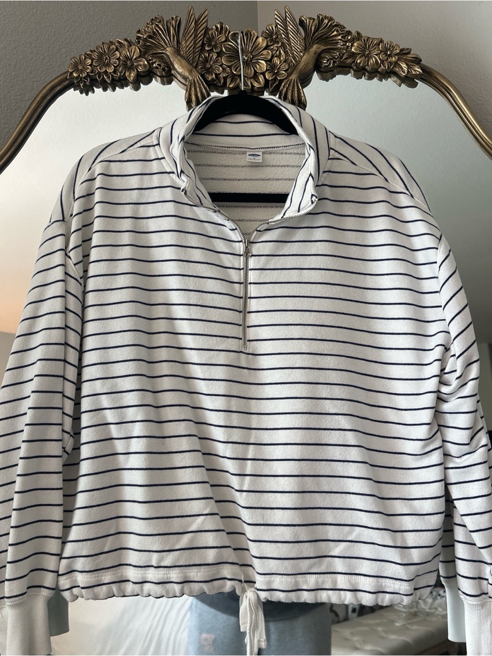 Old Navy White and Navy Striped Quarter-Zip Pullover